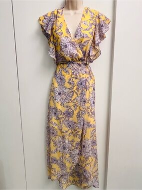 Japna Yellow Floral chiffon Flutter Sleeve Faux Wrap Midi Dress